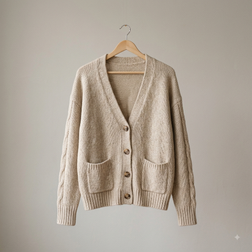 A beige cable-knit cardigan sweater with a V-neck, button closure, and front patch pockets, hanging on a wooden hanger against a neutral gray background.