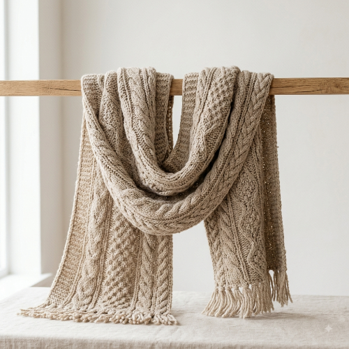 A chunky cable-knit scarf in a warm oatmeal beige color, draped over a light wood horizontal bar with tassels hanging down, set against a soft, bright, neutral background.