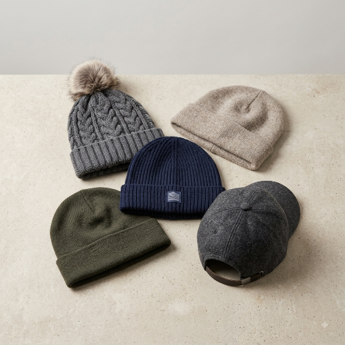 Five winter hats arranged on a light stone surface: a gray cable-knit beanie with a faux-fur pom pom, a folded oatmeal knit beanie, a navy ribbed knit beanie with a small square logo patch, an olive green folded knit beanie.