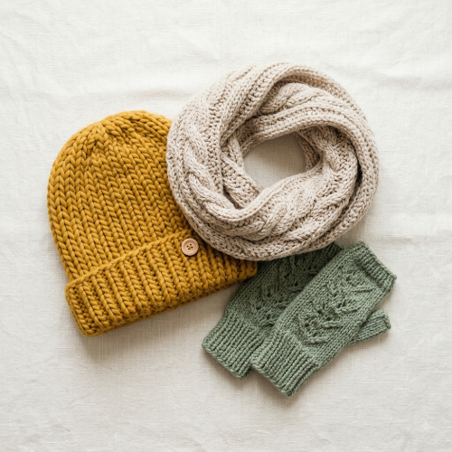 A cozy knit winter set laid flat on a white fabric background, including a mustard yellow beanie with a wooden button, a chunky cream cable-knit scarf, and a pair of sage green fingerless knit mittens.
