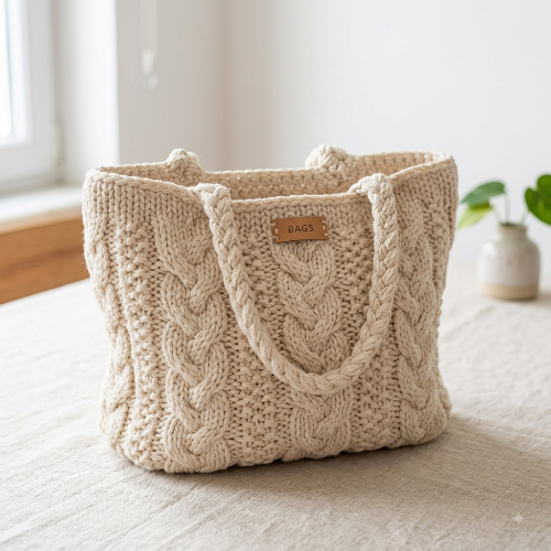 A cream-colored chunky cable-knit tote bag with thick rope handles and a small tan leather 'BAGS' brand patch, set on a light beige fabric surface in a softly lit room.
