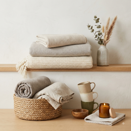 A styled home decor scene showing folded and rolled neutral-toned textiles, including a woven throw blanket and folded linens, arranged on a wooden shelf and tabletop beside ceramic mugs, a candle, a small bowl, and a vase with dried stems.