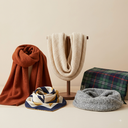 Four knitted scarves displayed on a minimalist beige studio set: a rust orange scarf draped on the left, a cream infinity scarf on a wooden stand in the center.