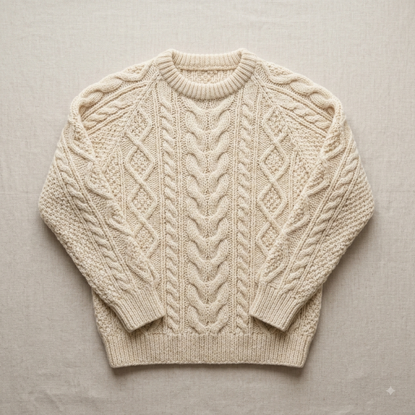 A cream-colored cable-knit crewneck sweater laid flat on a textured beige linen background.