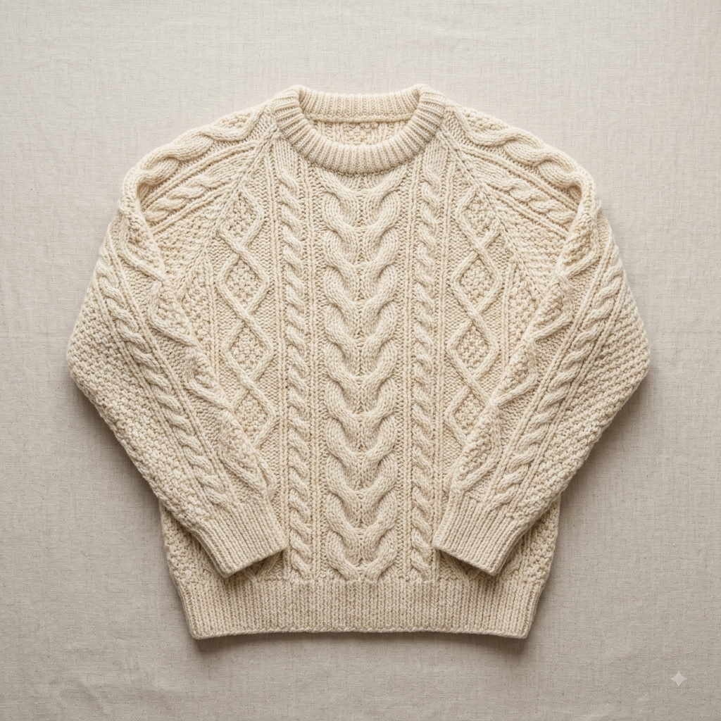 A cream-colored cable-knit crewneck sweater laid flat on a textured beige linen background.