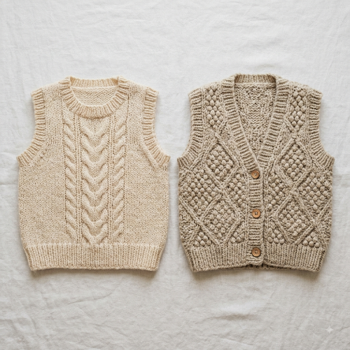 Two hand-knit cable vest sweaters laid flat on a white fabric background. The vest on the left is a solid cream color, and the vest on the right is a taupe-beige color with three brown wooden buttons.